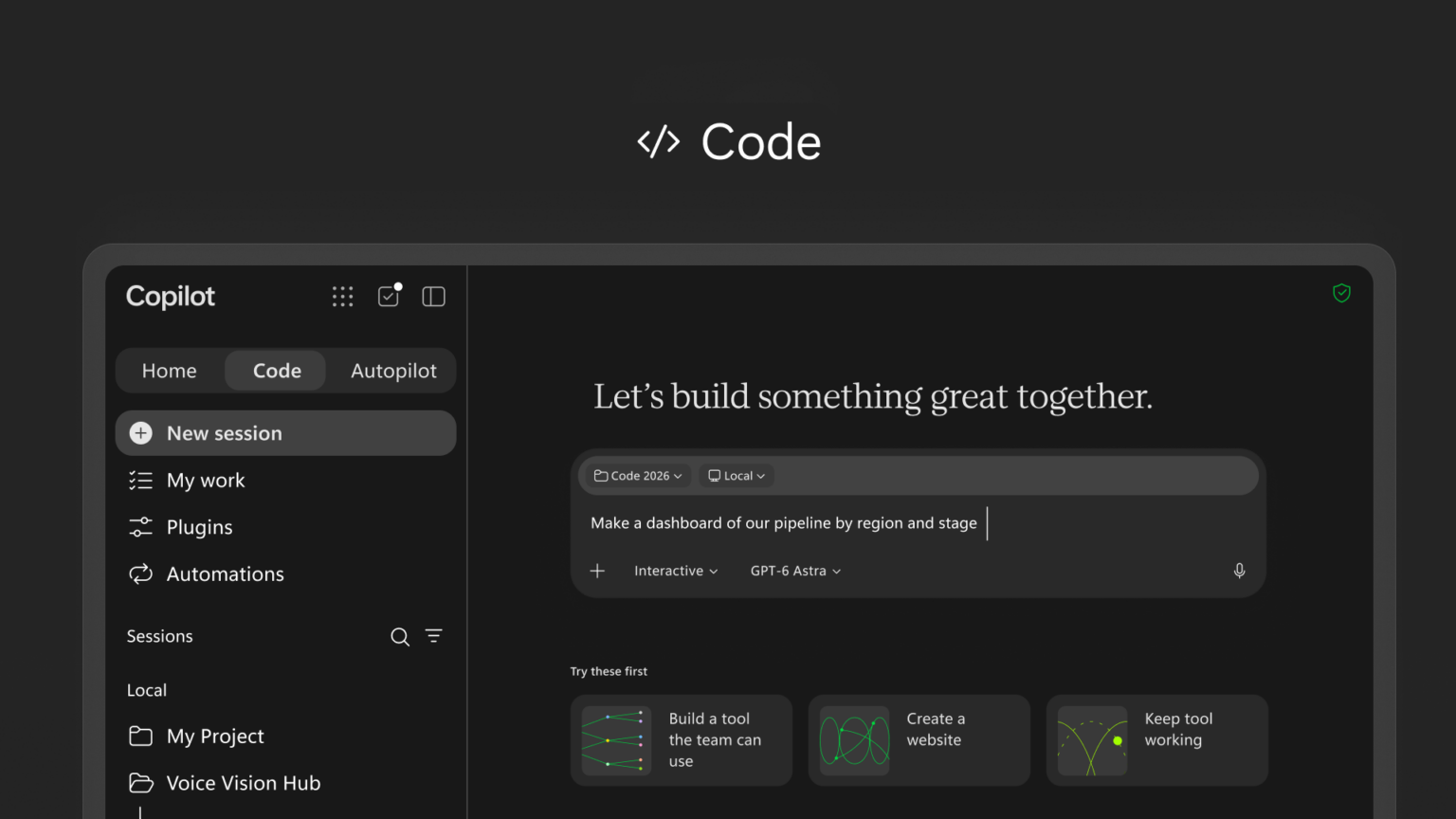 หน้าจอ Copilot Code โหมดมืด แสดงช่องพิมพ์คำสั่งสร้างแดชบอร์ดด้วยภาษาธรรมชาติ พร้อมเมนู New session My work Plugins และ Automations