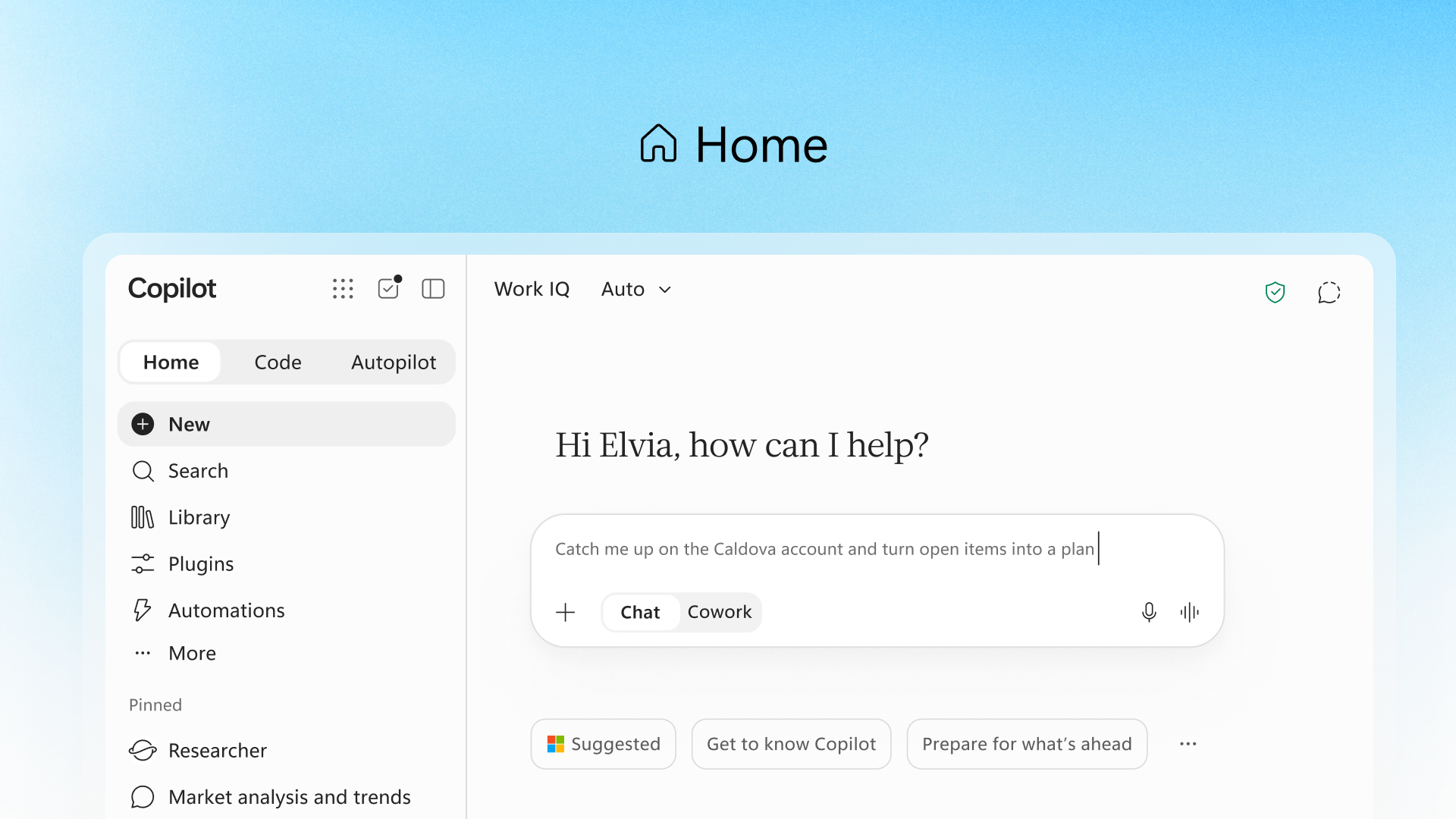 หน้าจอ Copilot Home แสดงแท็บ Home Code Autopilot พร้อมเมนู New Search Library Plugins และปุ่มสลับ Chat กับ Cowork